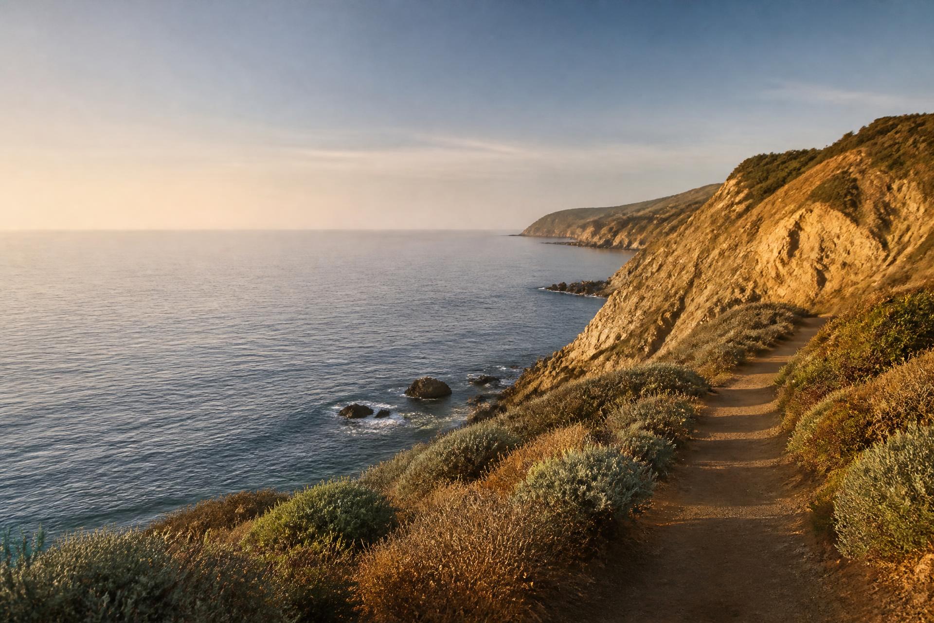 Sunlit coastal cliffs and calm ocean at morning